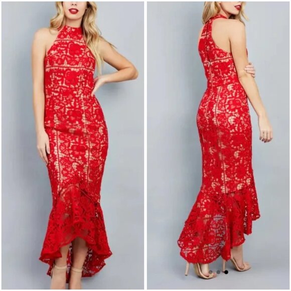 Jarlo London Red Lace Halter Neck Mermaid Flare Long Maxi Dress UK 12/US 8 - Picture 1 of 11